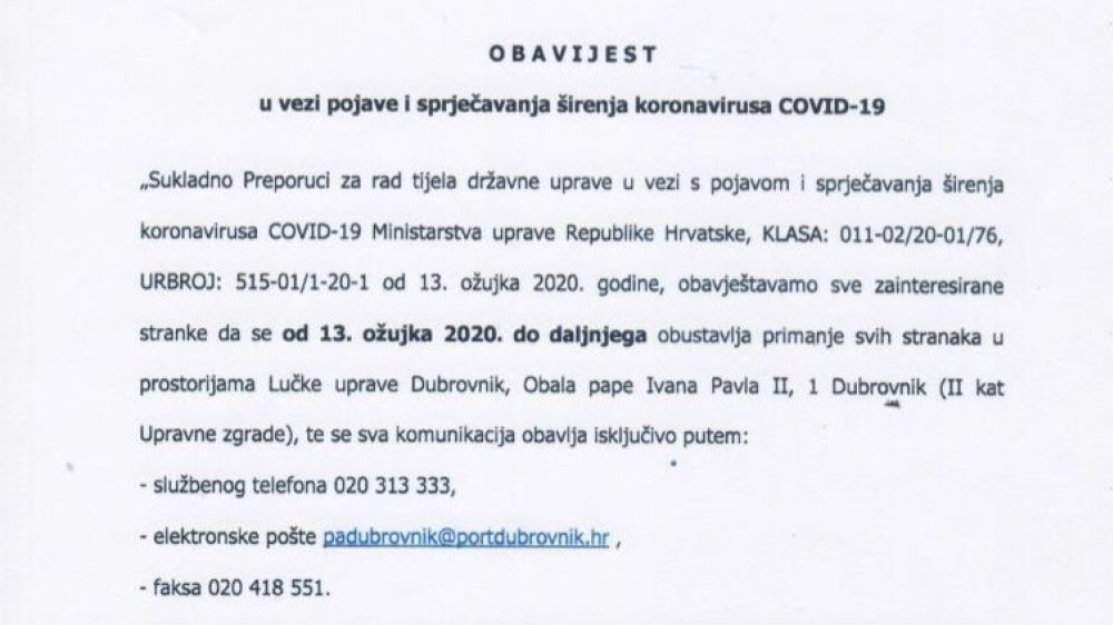 Obavijest u vezi pojave i spriječavanja širenja koronavisusa - COVID-19